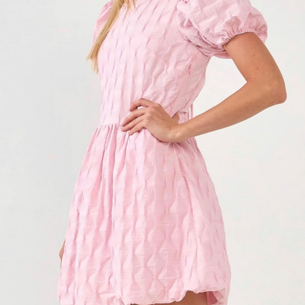 English Factory Pink Textured Balloon Mini Dress - Picture 2 of 15